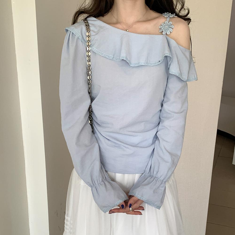 

Дизайнерский топ-рубашка с подтяжками и трехмерным цветочным узором с косым вырезом M синий