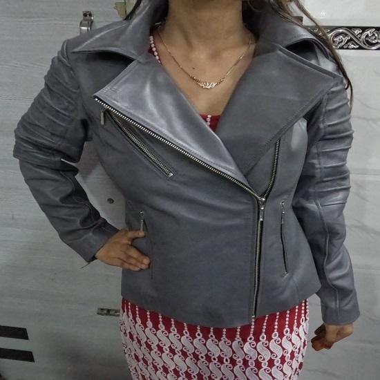 Noora Women's GREY Genuine Lambskin Leather Biker Jacket, Stylish Motorcycle Slim fit Leather Jacket, Clubbing Jacket for Movie Date, Gift Fr Winter