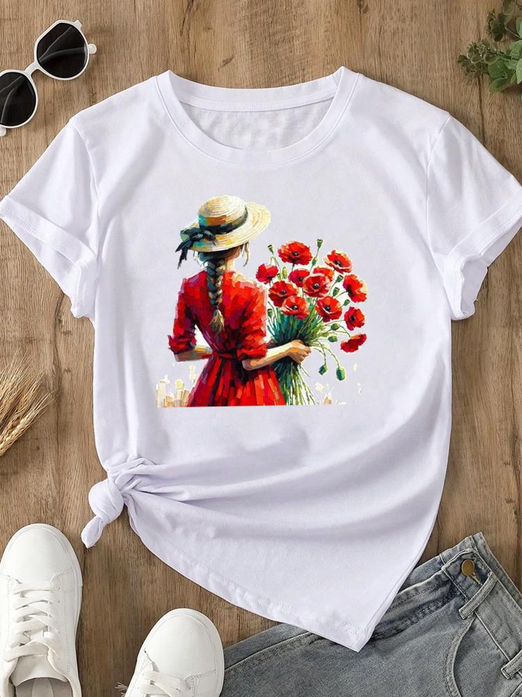 (Asian Size) O-neck Women's Top T Clothing Print Short Sleeve T-shirts Lovely Flower Trend Cute Fashion Female Casual Graphic Tee