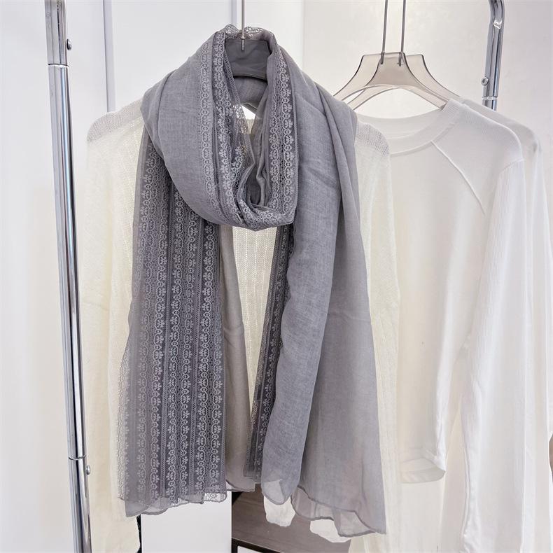 Korean Style Literary Linen Color Cotton Linen Thin Scarf Fashionable Women's Outer Shawl Spring and Summer Fashionable Solid Color Lace Scarf