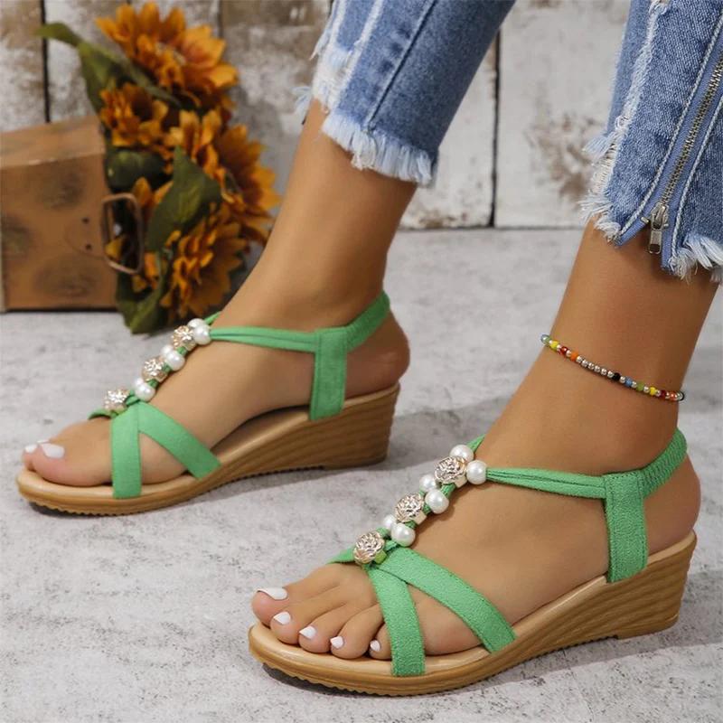 Beaded Women Wedges Sandals Platform Shoes Summer Dress Beach Slippers 2024 Designer New Flip Flops Pumps Femme Zapatos Slides