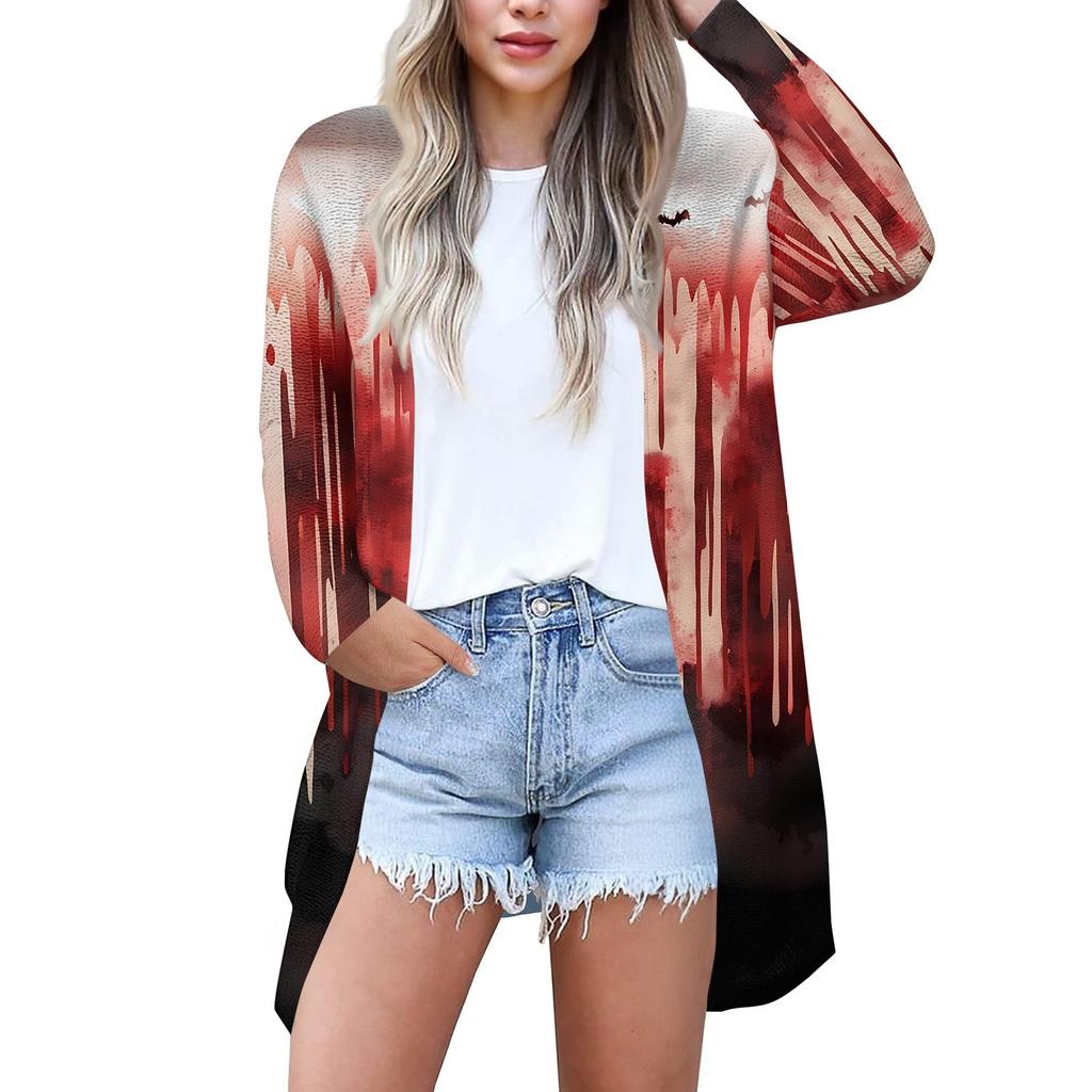 Dámský kardigan s dlouhým rukávem a halloweenským potiskem, potištěný top, lehká bunda