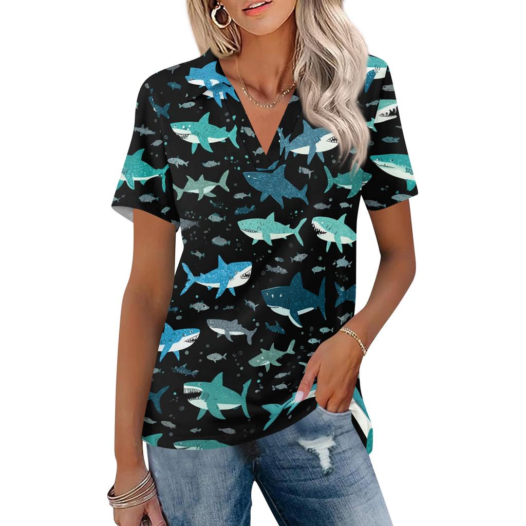 Women's Casual V Neck Short Sleeve T Shirt with Print Top