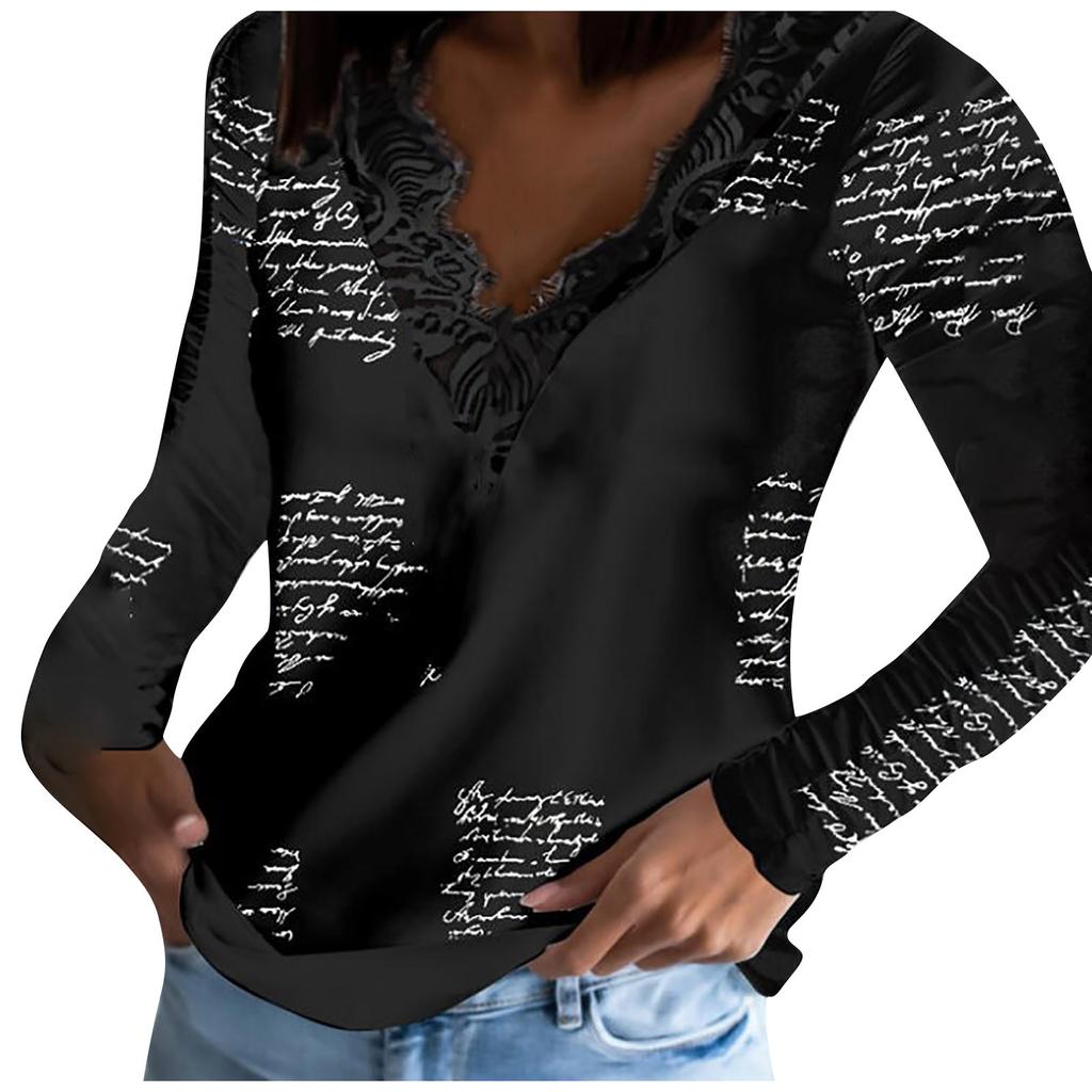 (SU)Kvinners Vinterskjøting Mote Blonde V-hals Blondetrykk Uformell langermet topp