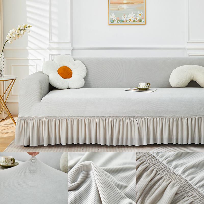 Eng anliegende Samt-Sofaschutzhülle, Sofakissen-Schutz mit überhängendem Rock, Haustiersicher, Langlebig, Abwischbar, Eng anliegend, Einfach anzubringender Schutz small (90-140cm)
