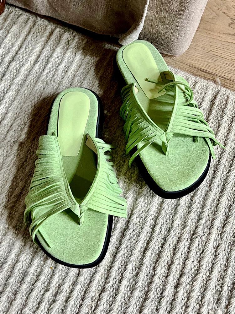 Summer Muller Slippers Women Pig Suede Fringe Modern Slippers Tassel Square Head Lazy Shoes Leisure Slides Flip Flops Sandal