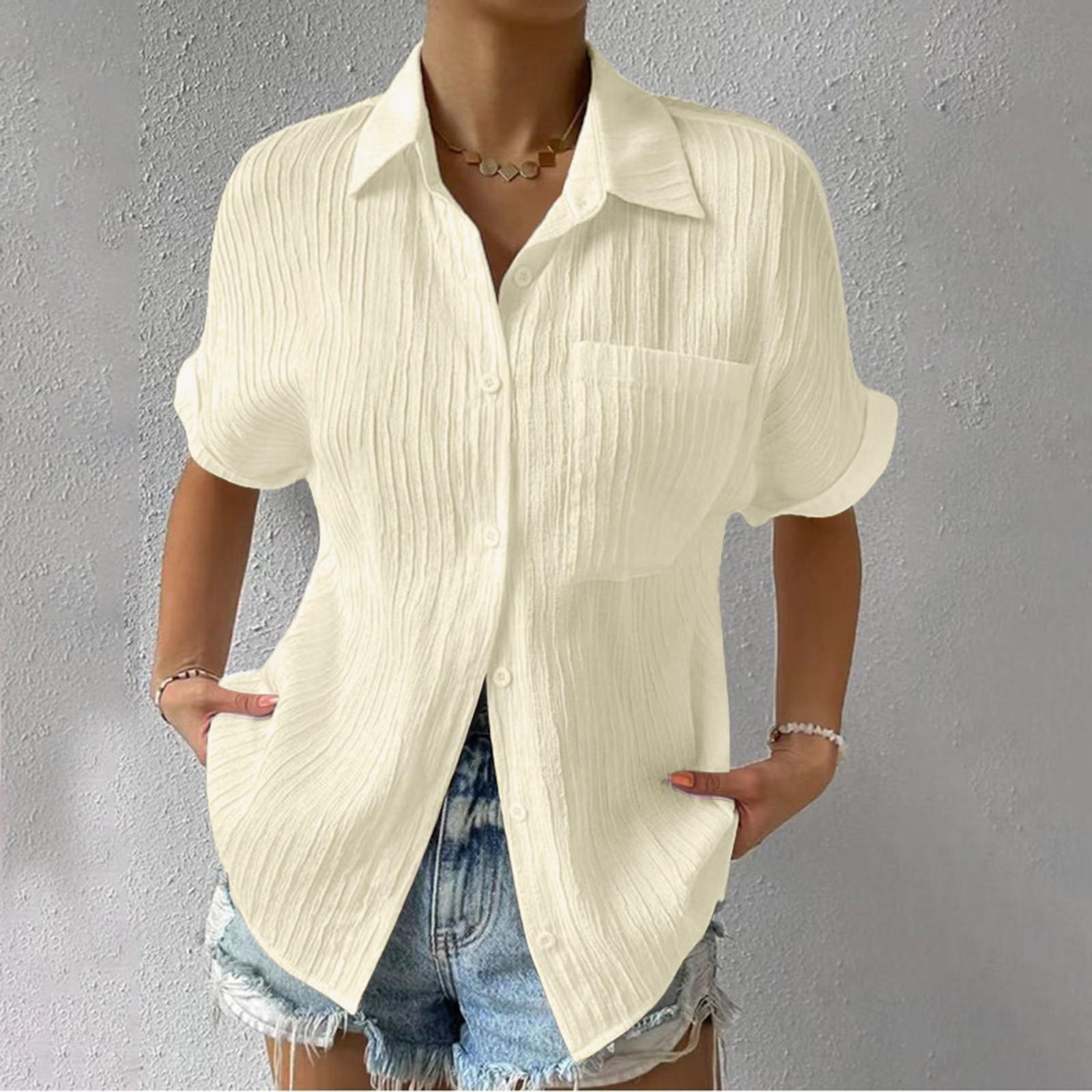 

Women s Patchwork Pocket Solid Color Temperament Casual Lapel With Shoulder Sleeve Cardigan Short Sleeve Top L бежевий