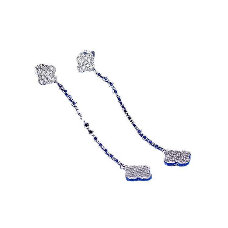 Schlichte vierblättrige Kleeblatt Kleine Blume Mikro-Set Zirkon Damen Lange Quastenohrringe