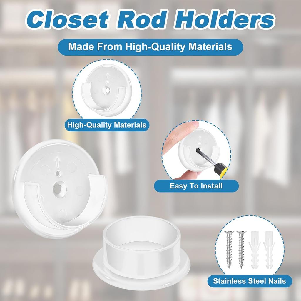 10pcs Closet Rod Holders, Plastic Closet Pole Socket Fits 1-3/8” Diameter Rods, Closets Rod Support Bracket with Screws for Home and Store (White)