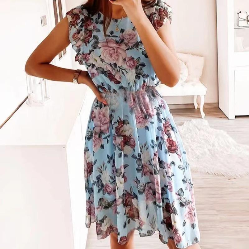 EastRogue Spring and Summer Lotus Short Sleeve Chiffon Print Casual Dress Woman