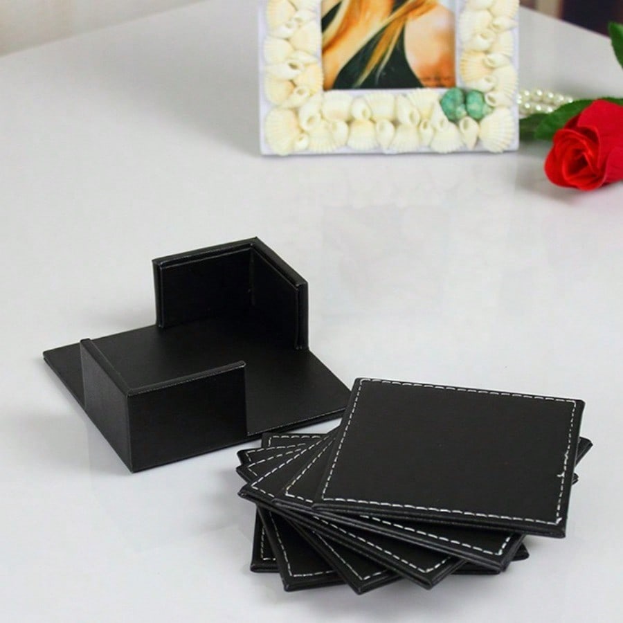 6Pcs/set Leather Coaster PU Leather Dining Table Mat Coffee Coaster Thermal Insulation Water Cup Mat