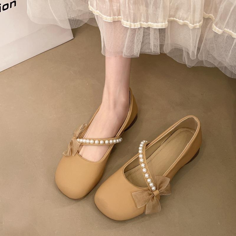Spring Single Shoes Women Outside Wear Autumn New Round Toe Beaded with Skirt Lace Bow Slip-on Soft Sole Flats