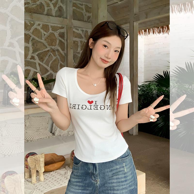 American Letter Love Printing U-neck Front Shoulder Short-sleeved T-shirt Women's Summer New Unique and Beautiful Small Top
