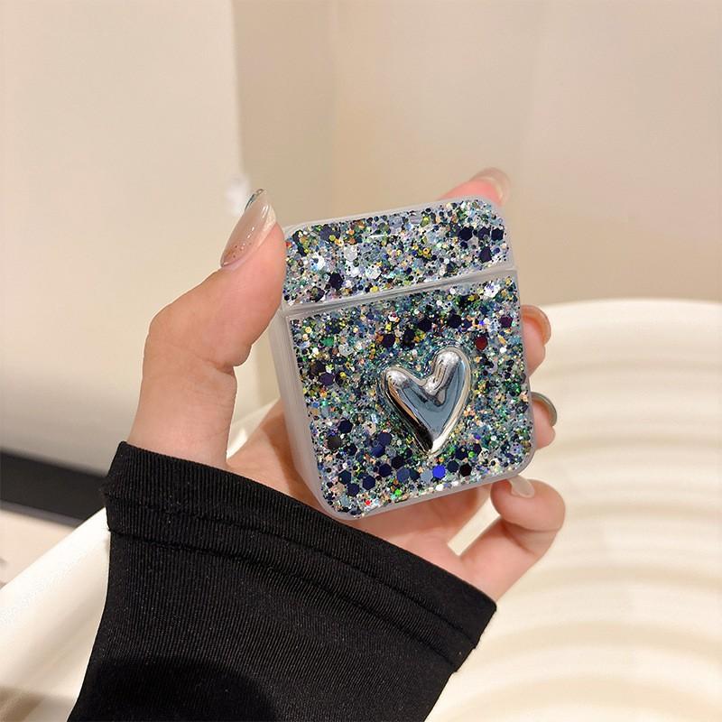 Square Bluetooth Earphone Case Suitable Apple Airpods 4 Generation Glitter Airpodspro Heart-shaped Protective