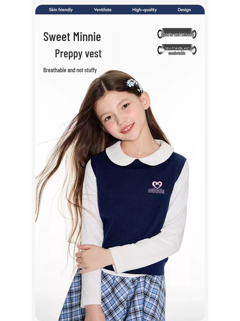 Minnie Girls' 2025 Autumn Knit Sweater Vest - Sleeveless, Comfortable & Versatile for Kids