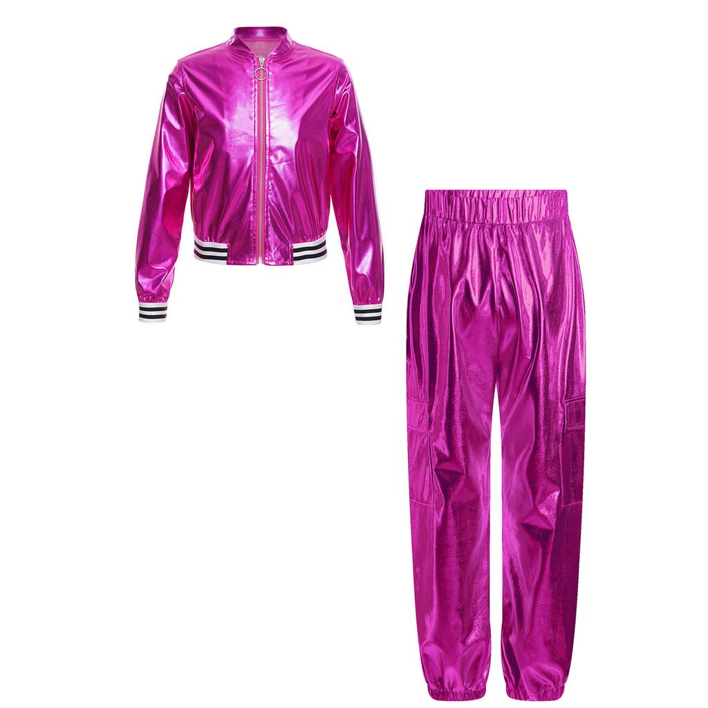 Mädchen Metallic Tanzjacken Set Langarm Stehkragen Reißverschluss Detail Hip Hop Jazz Performance Hose