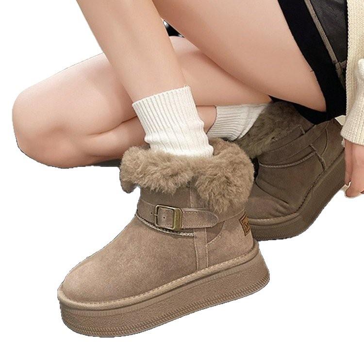 Warm Flipped Plush Thick-soled Medium Tube Snow Boots for Women To Increase Their Height In Winter 2025 New Leather Fluffy Thickened Cotton Shoes