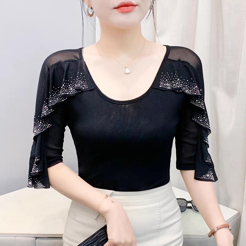 

Нова літня вулична мода дівчина шик з рюшами гарячі діаманти футболка одяг мода V-подібний виріз рукав до ліктя сітчасті топи жіночі футболки блузки 3XL чорний