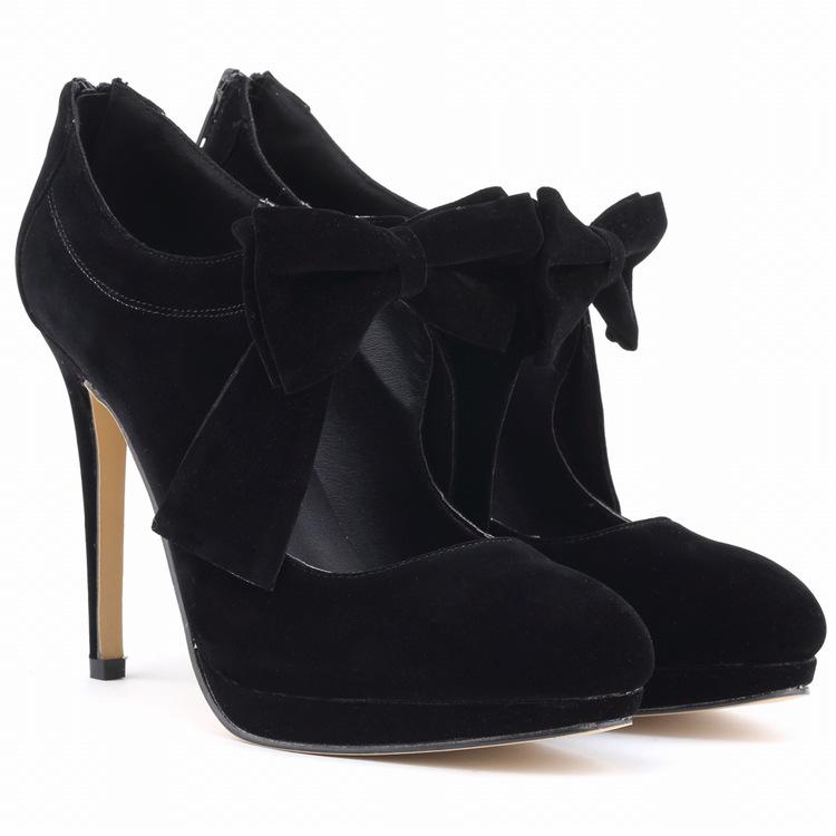 LOSLANDIFEN Nestest Fashion Women High Heels Shoes 11CM Platform Pumps Candy Color Bow Nightclub Flock Wedding  Plus Size