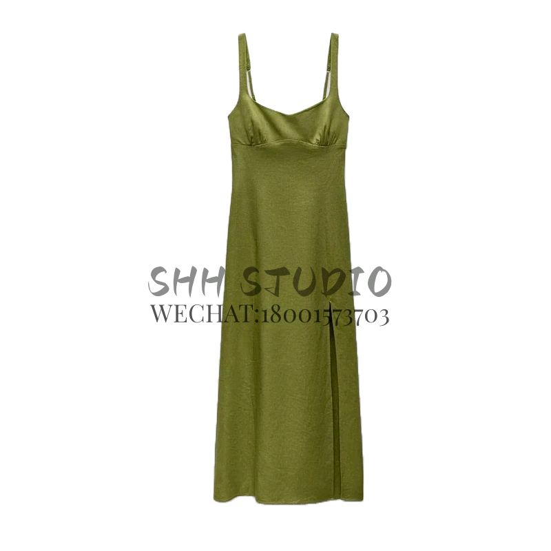 Spring NEW Round Neck Elegant Waist Hugging Split Linen Blend Shoulder Strap Length Dress 8265707 3314354