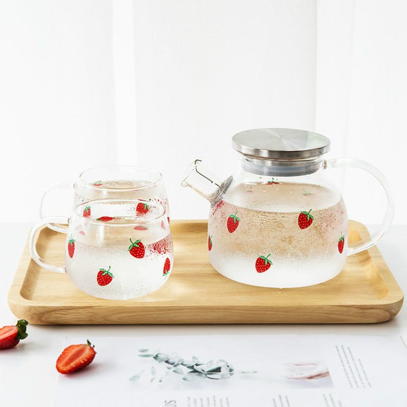 Ceainice de sticlă cu căpșuni, stil japonez de 1,8 l, pentru băuturi reci și calde, set de ceainice pentru acasă și birou