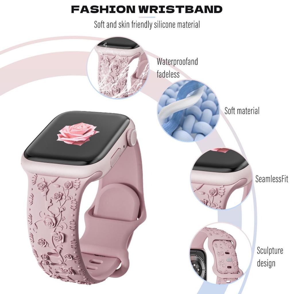 Embossed Rose Flower Silicone Strap for Apple Watch 9 Ultra