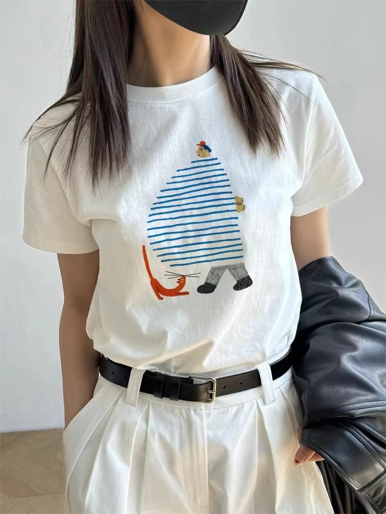 

Забавная футболка с мультяшным принтом, белая, женская, лето 2025, новая, 100% хлопок, корейский стиль, короткий рукав, свободная футболка, Y2k топы, женская одежда 3XL