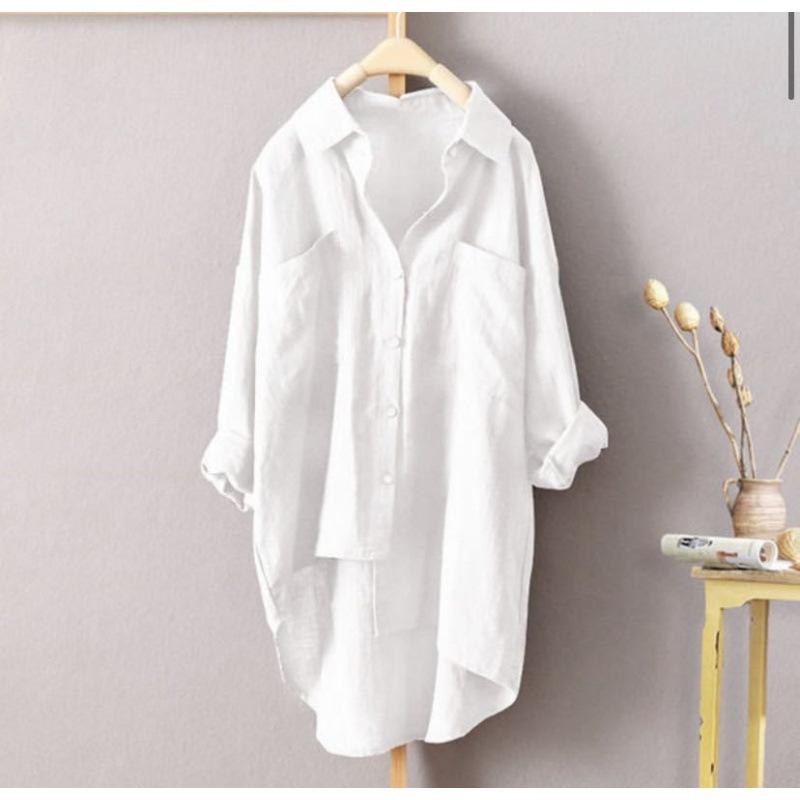 Women Oversized Long Linen Shirt Lapel Pocket Button Down Loose Casual Long Tunic Blouse