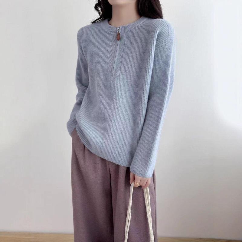 Solid color semi-zipper simple and versatile knitted sweater women's clothing autumn and winter new loose and lazy round neck pullover sweater