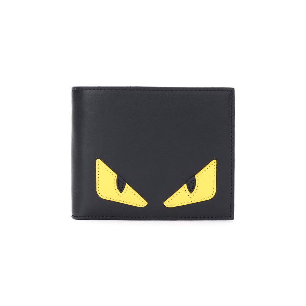 Fendi Monster Eyes Short Double Fold Color Block Calfskin Wallet Men Wallet Black Yellow 7M0001-O73-F0U9T