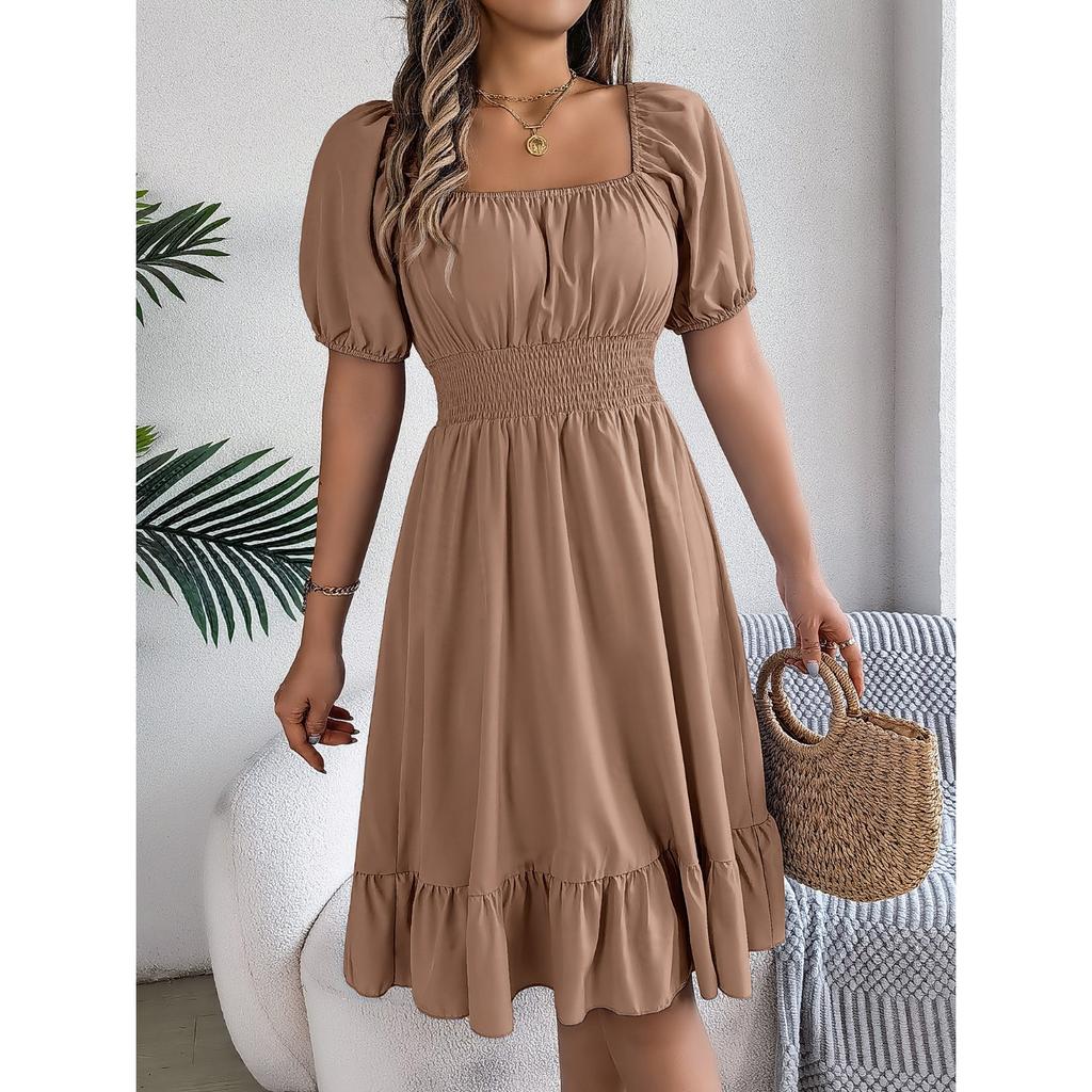 GMXIA Spring and Summer Casual Square-neck Short-sleeved, Waist-cinched, Ruffled A-line Skirt Women's Clothing