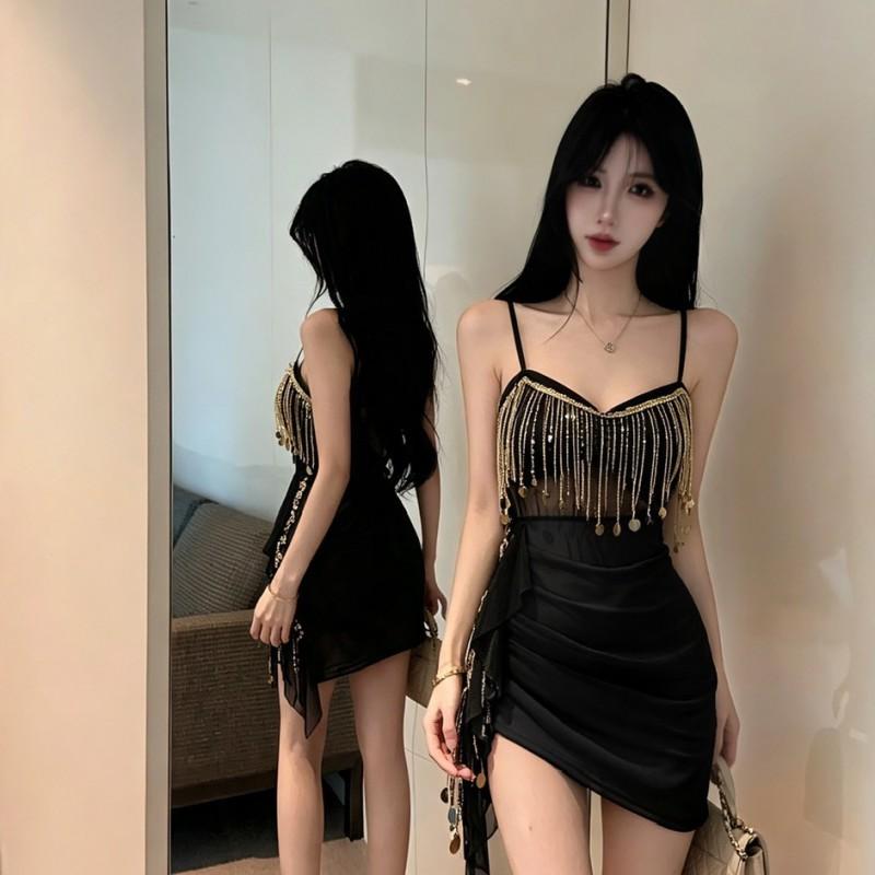 Elegant Mesh Fringe Sequin Sleeveless V-Neck Mini Dress High-Waisted Bodycon Party Women 2026