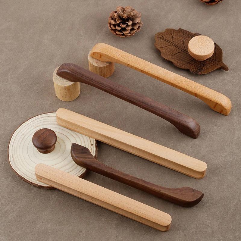 Walnut Beech Kitchen Cabinet Handle Drawer Solid Wood Furniture Door Drawer Round Knob Cupboard Wooden Handle Hardware Long Pull