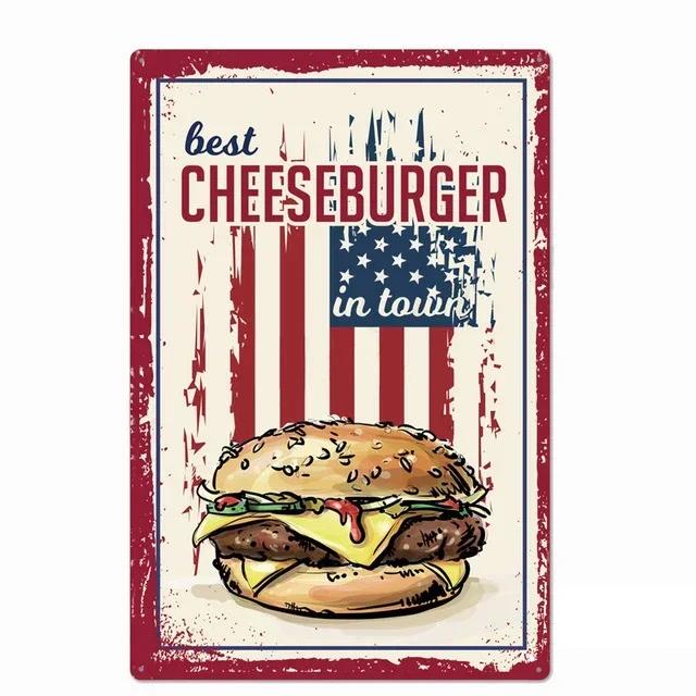 Delicious Hamburger Food Signs Metal Plaques Barbecue Kitchen Restaurant Shop Tin Sign Decorative Posters Retro Iron Painting