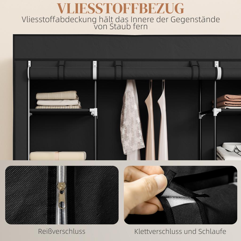 Armadio in Tessuto Non Tessuto, Armadio Pieghevole, 1 Barra Appendiabiti, 9 Ripiani, 150 cm x 43 cm x 162,5 cm, Nero