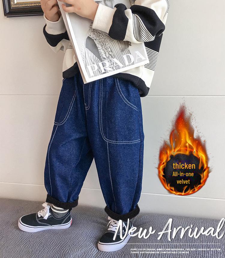 

Джинсы-шаровары для мальчиков с флисовой подкладкой - темно-синие зимние брюки цвета моркови 90cm