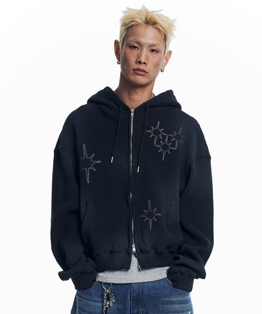 Easy No Easy Washed Star Waffle Zip-Up Hoodie - Black