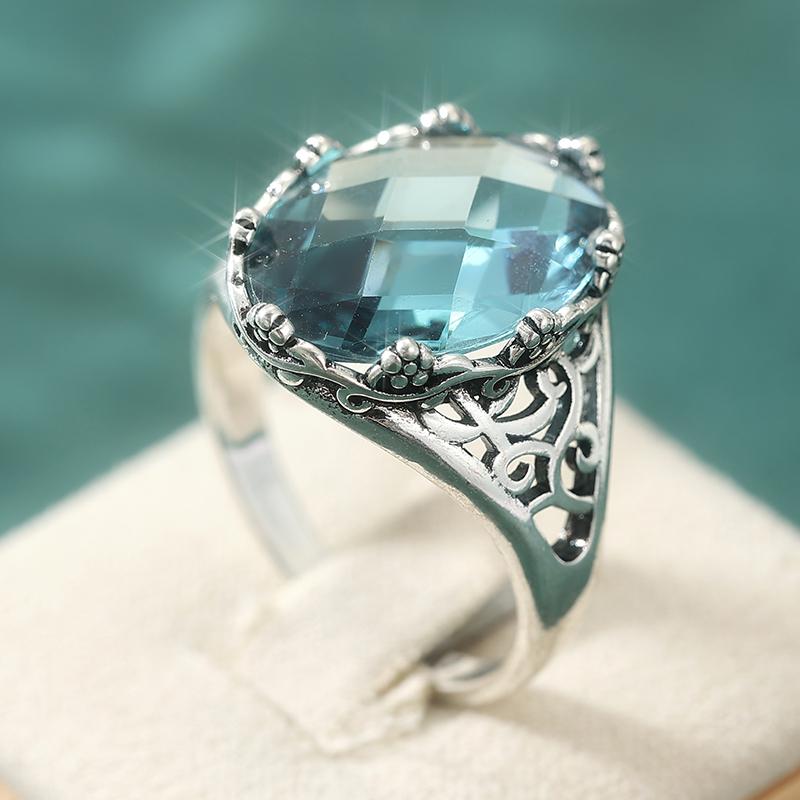 Aesthetic Inlaid Sea Blue CZ Women's Ring Trendy CopperColor Hand Carving Daily Wear Party Jewelry Anniversary Gift