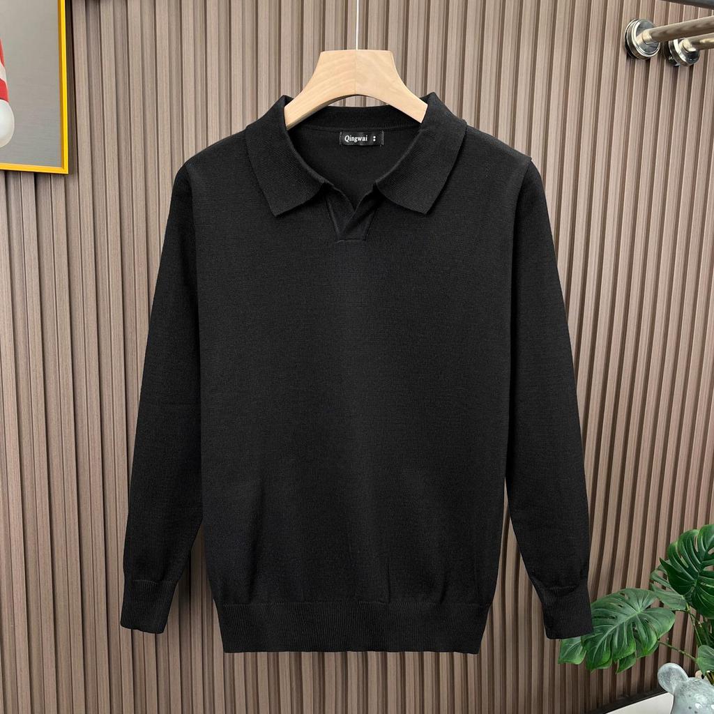 Men's Fine Knit Lapel Polo Sweater: Cozy, Skin-Friendly, Long Sleeve, Trendy, Loose Fit, High-End Feel.