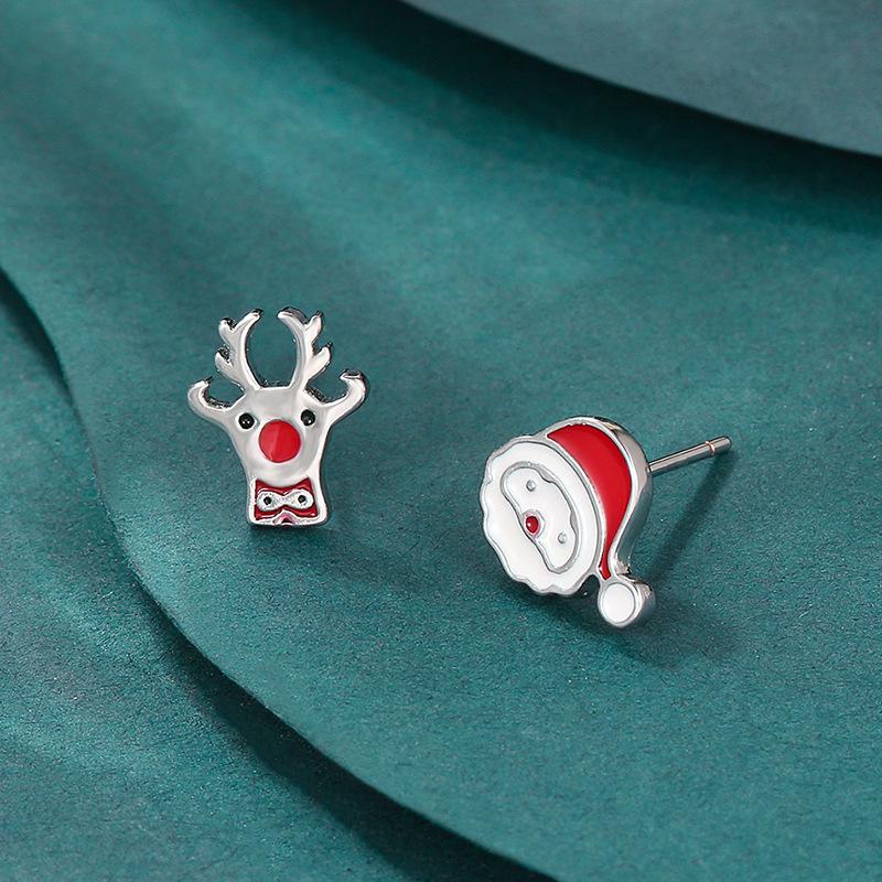 European & American Christmas-Themed Red Enamel Reindeer Santa Claus Stud Earrings for Women