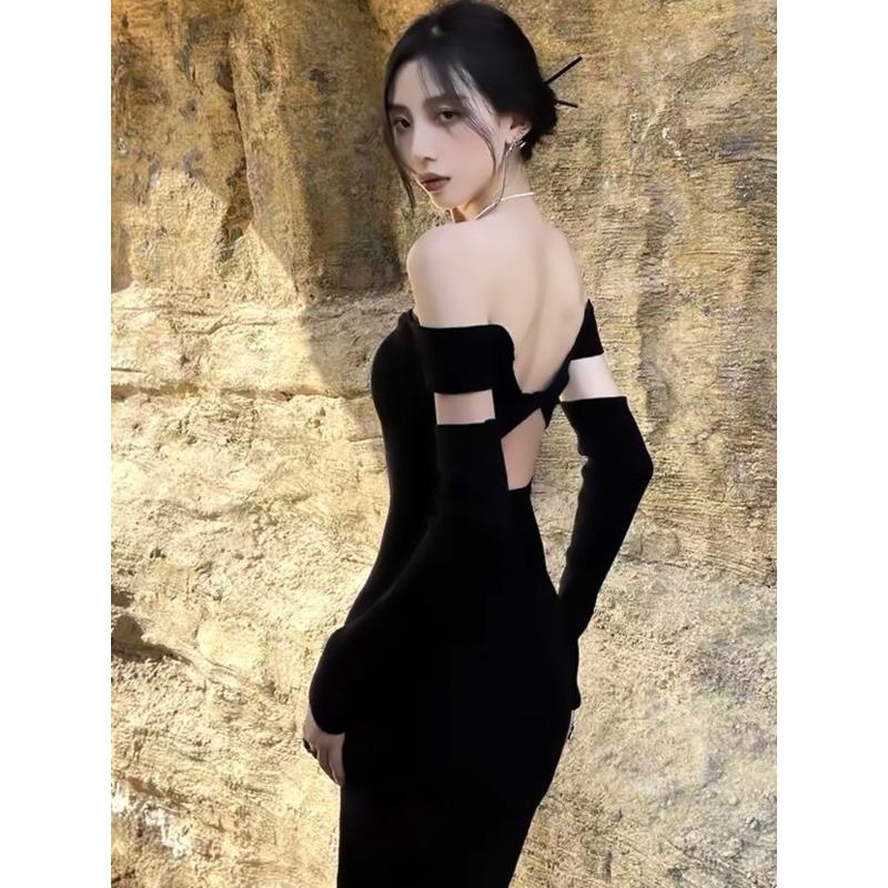 

Платье для помолвки на день рождения, высококлассное, легкая роскошь, нишевое, высококлассное, сексуальное черное вязаное платье, женское осеннее S чёрный