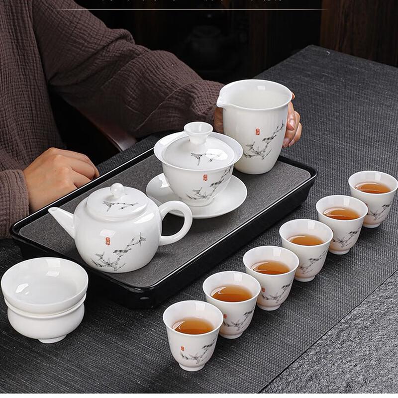 Tuopai 11-Piece Mutton-Fat Jade Porcelain Tea Set - Bamboo Design
