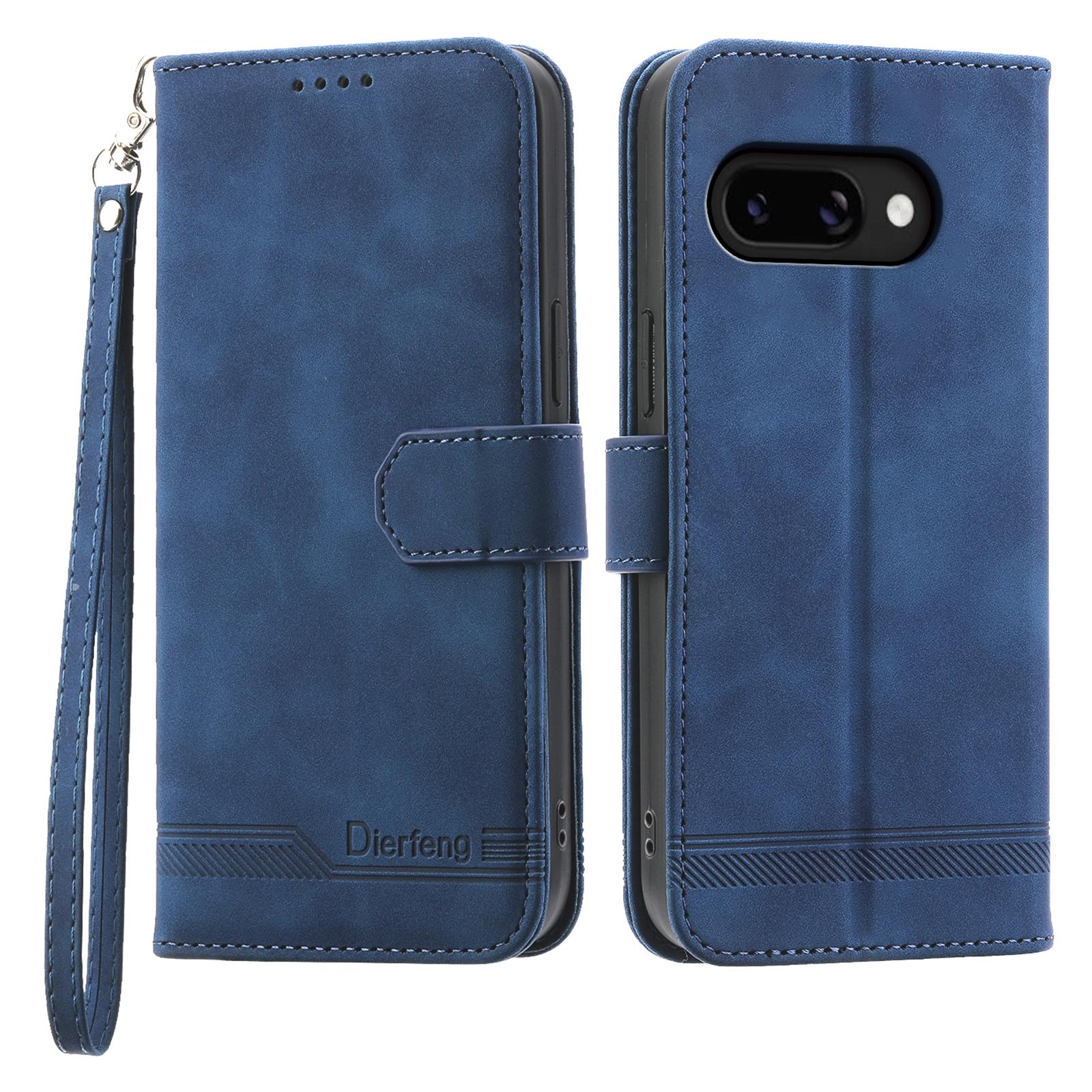 

DIERFENG DF-03 Кожаный чехол для Google Pixel 9a с тиснением линий, чехол-кошелек для телефона Blue