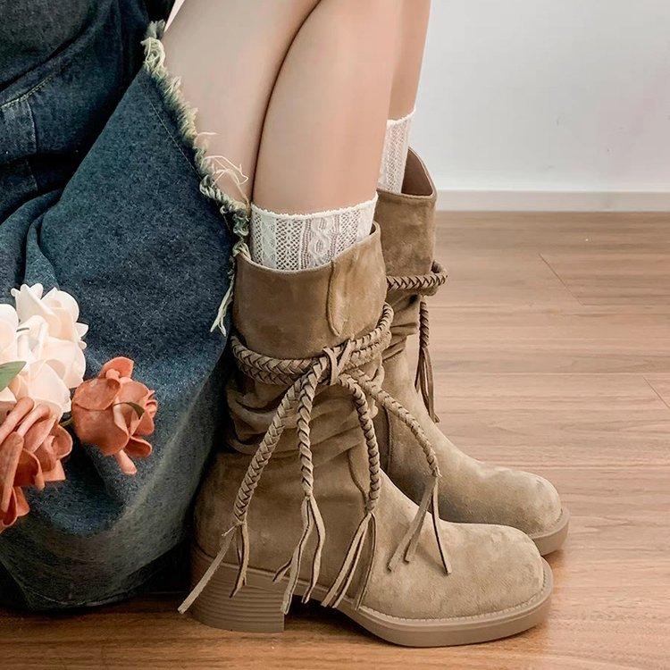 Cowhide version~ retro wasteland fringed knight boots thick heel but knee long boots slim pile medium boots women