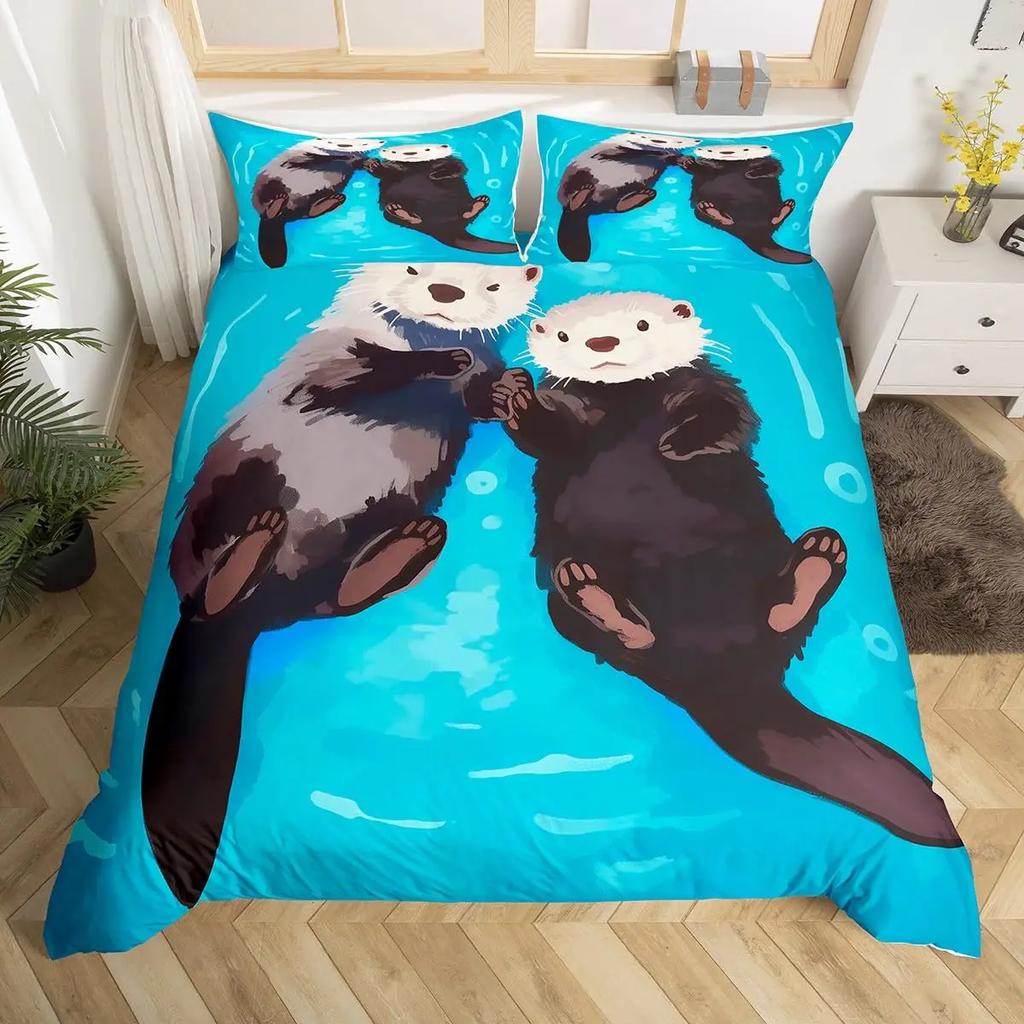Cute Cartoon Animal Print Comforter Cover Sets Sea Otter Duvet Cover Set Ocean Creature Otter Toddler Soft Polyester Bedding Set