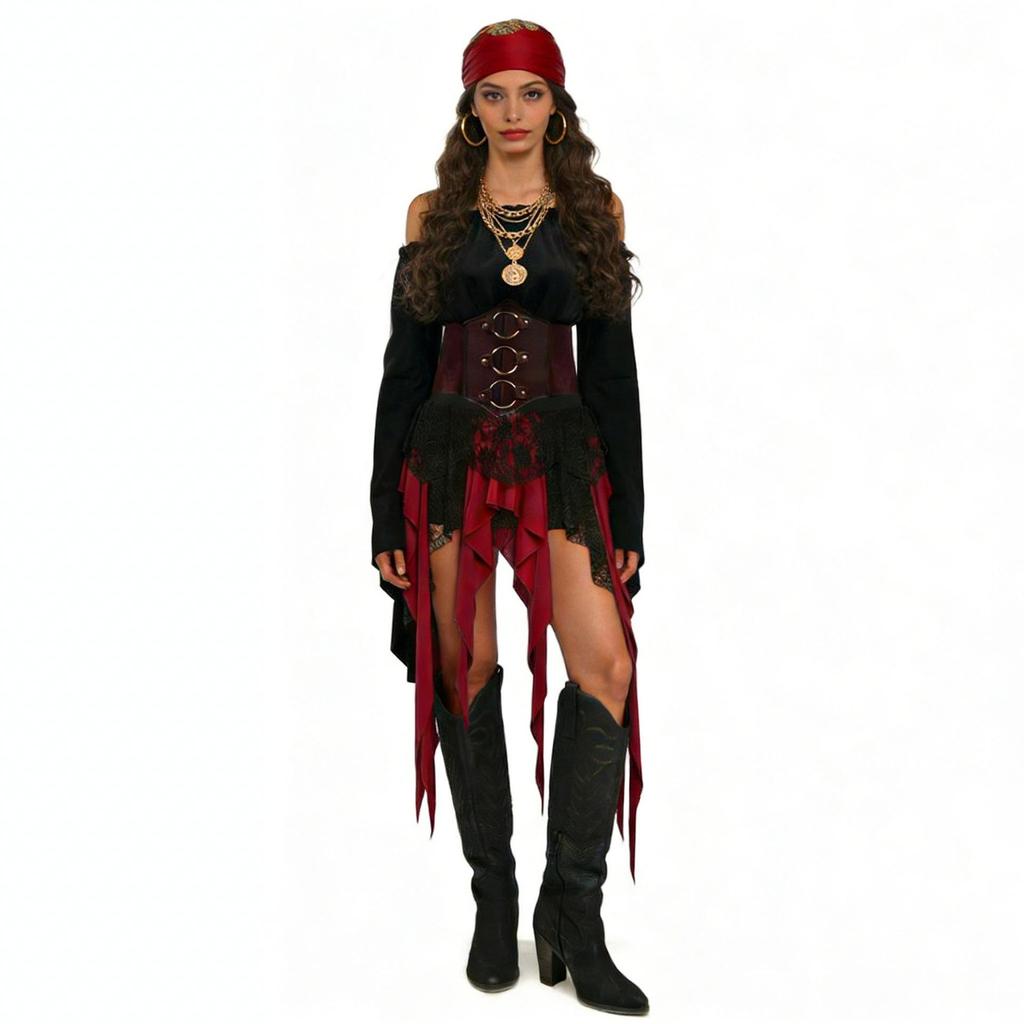 Halloween Pirate Medieval One-Shoulder Dress with Retro Metal Ring Belt and Bell Sleeves
