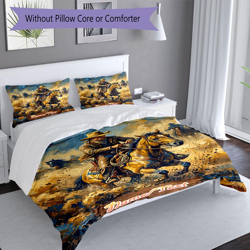 3PC Custom Name Rodeo Cowboy Adventure Bedding Set Printed  Bedding Set Duvet Cover Closure Includes 1 Duvet Cover & 33 Pillowcases for Bedroom