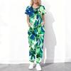Women Plus Size Tropical Leaf Print Scrub Set Cutout Neck Short Sleeve Top With Pockets Long Pants
