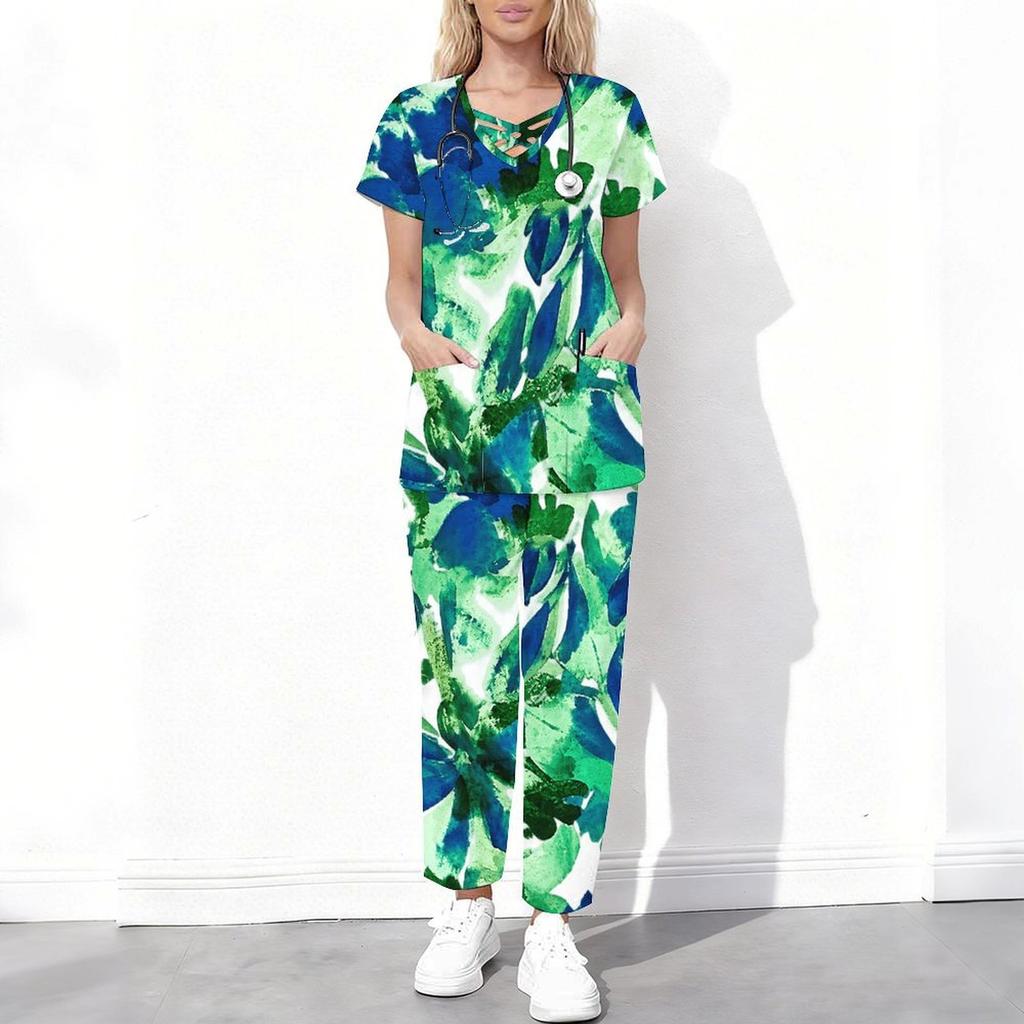 Women Plus Size Tropical Leaf Print Scrub Set Cutout Neck Short Sleeve Top With Pockets Long Pants