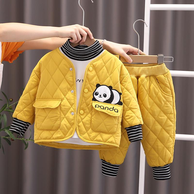 

Комплект из 3 предметов с длинным рукавом для мальчиков, Детская куртка с принтом панды+полосатый топ в стиле хай-колд+подходящие брюки, Модный детский комплект XXL жёлтый